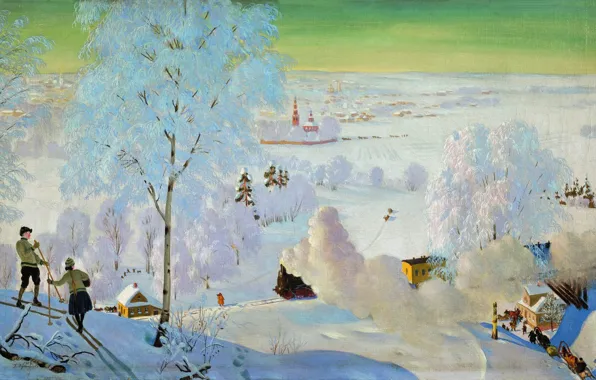 Winter, oil, train, Skiers, couples, sleigh, Canvas, Boris KUSTODIEV