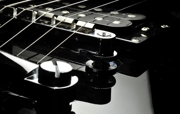 GUITAR, BLACK, SURFACE, STRINGS, LACQUER, PICKUP