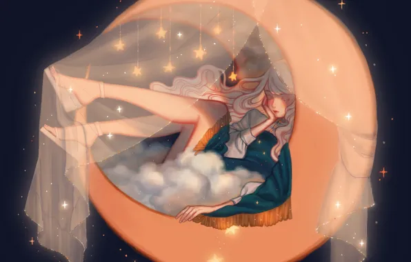 Girl, night, fantasy, sleeping, Crescent