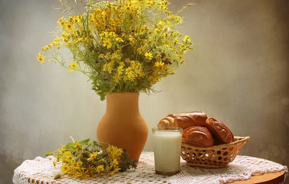 Flowers, yellow, glass, table, chamomile, milk, vase, still life
