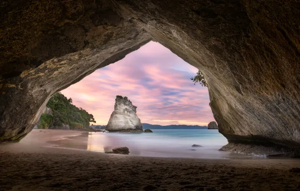 Picture sea, beach, landscape, sunset, nature, rock, New Zealand, arch