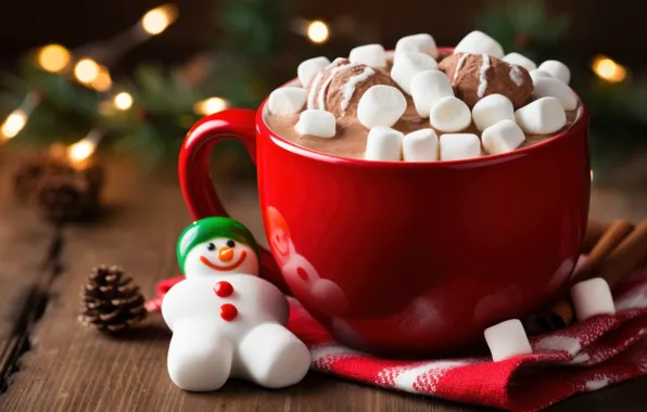 Lights, table, Board, Christmas, mug, Cup, New year, snowman