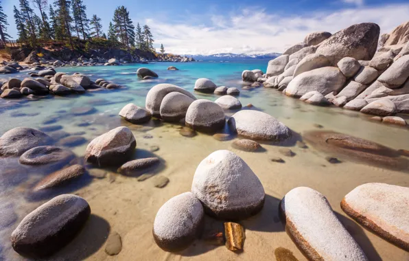 Trees, mountains, lake, stones, CA, USA, Nevada, Tahoe