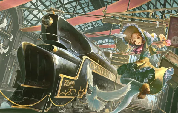 Station, train, pigeons, girl, braid, suitcase, runs, ruffles