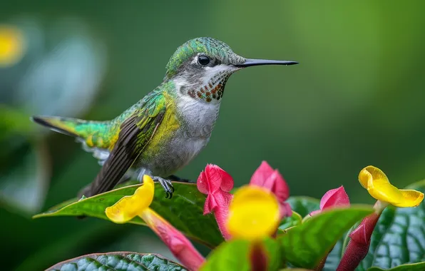 Leaves, microsemi, bird, Hummingbird, flowers