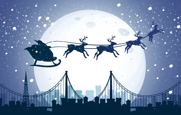 Picture Home, Winter, Bridge, Night, The city, Snow, The moon, Christmas