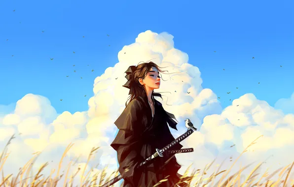 Girl, sword, fantasy, sky, bird, clouds, katana, mood