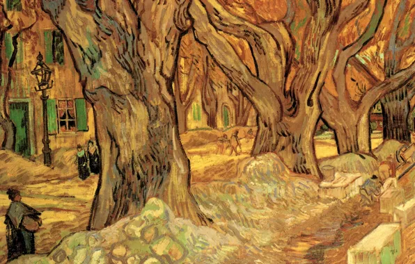 Winter, women, trees, lantern, benches, Vincent van Gogh, suprovici, The Road Menders 2