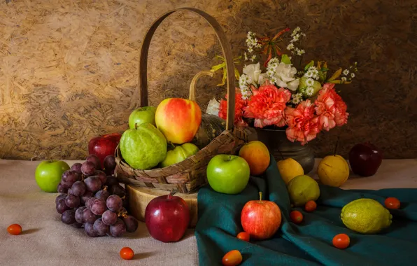 Flowers, apples, bouquet, grapes, pumpkin, fruit, still life, vegetables