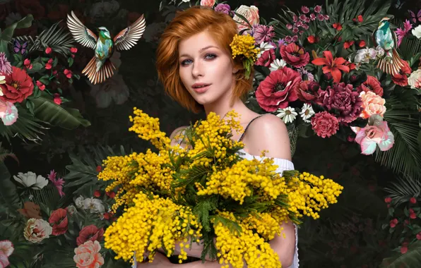 Look, girl, flowers, birds, red, redhead, Mimosa, Anastasia Zhilina