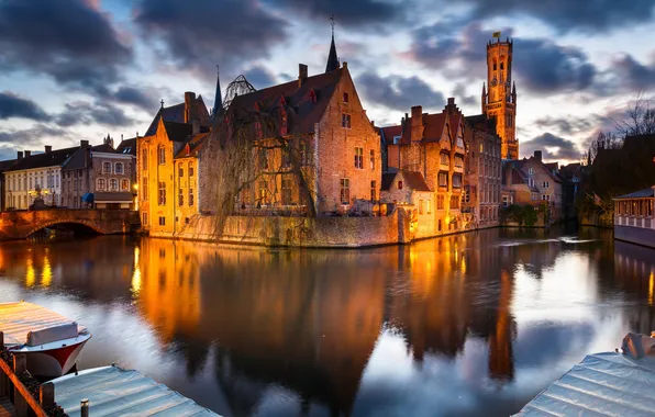 Picture bridge, lights, home, the evening, channel, Belgium, Bruges