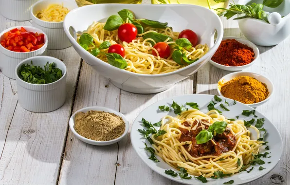 Greens, food, meat, tomatoes, spaghetti, spices, pasta, meat