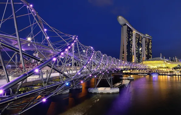 The sky, night, bridge, lights, Asia, Singapore, the hotel, Marina Bay