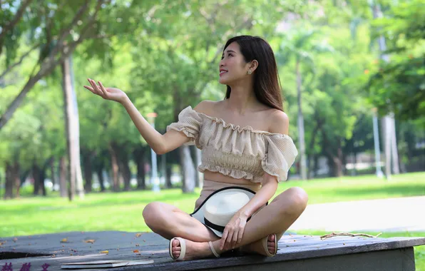 Girl, pose, smile, hat, legs, Asian, sitting