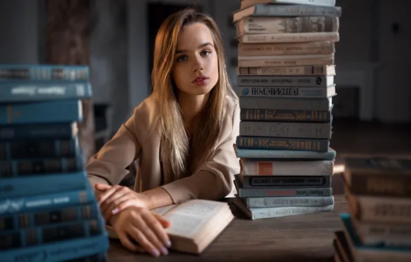 Look, girl, light, face, pose, table, room, books