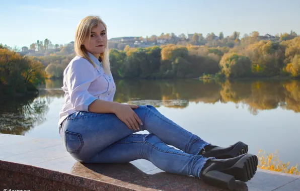 Ass, ass, water, girl, trees, landscape, nature, pose