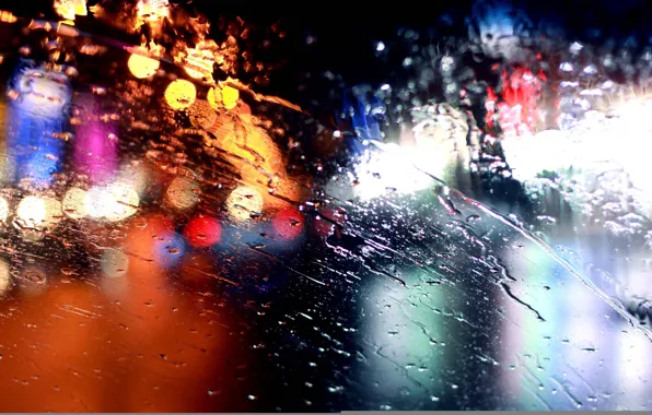 Picture glass, lights, rain, rain, bokeh