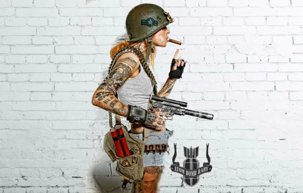 Picture girl, weapons, background, cigar, fallout, tattoo, helmet, dynamite