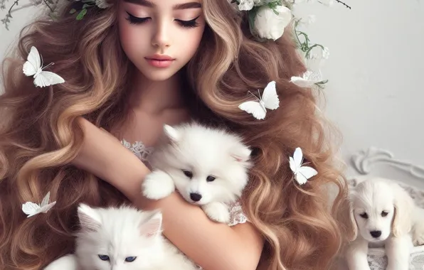 Look, pose, kitty, puppies, girl, puppy, Pets, AI art