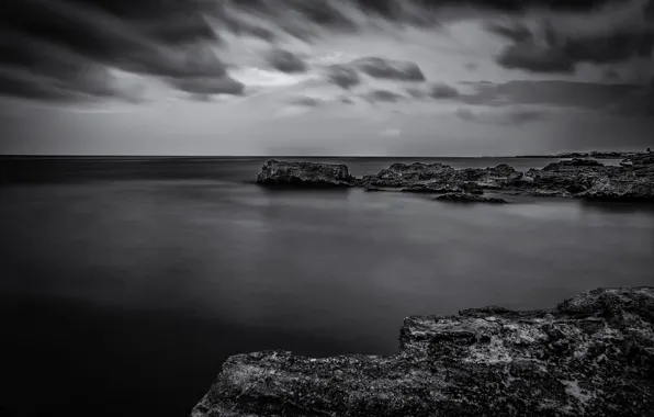 Sea, rocks, Italy, black and white, monochrome