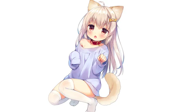 Girl, thighhighs, long hair, legs, animal ears, anime, catgirl, beautiful