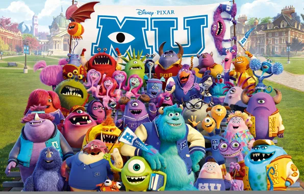 Cartoon, monsters, company, students, Academy of monsters, Monsters University, Inc., Monsters Inc.