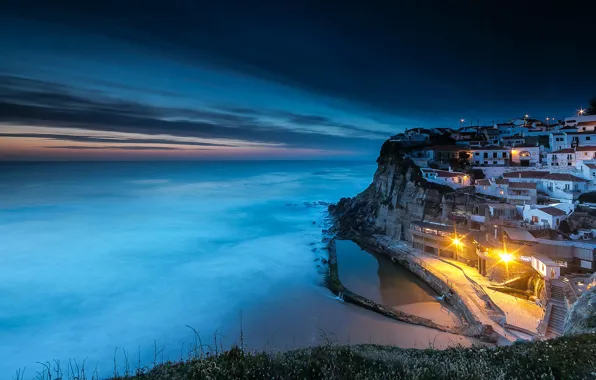 Sea, night, lights, rocks, coast, home, horizon, Portugal