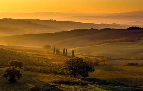 Fog, Dawn, Italy, Valley, Tuscany