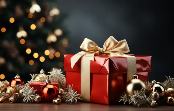 Balls, lights, box, gift, Shine, Christmas, gifts, New year