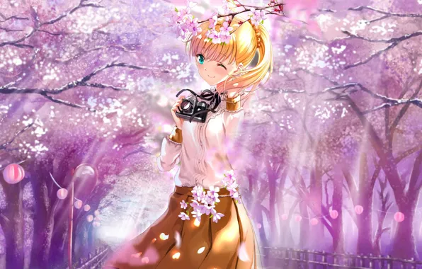Girl, spring, garden, Sakura