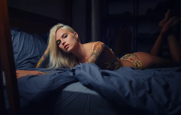 Look, girl, pose, tattoo, bed, linen, Maria, Sergey Fat