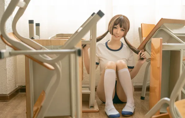 Asian, model, women, cosplay, sportswear, classroom, Taoliang Azhai