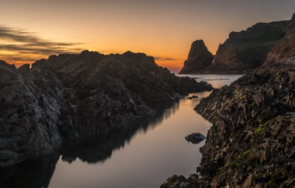 Sea, the sky, landscape, sunset, nature, reflection, stones, rocks