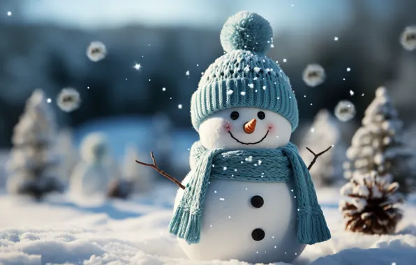 Winter, snow, New Year, Christmas, snowman, happy, Christmas, night