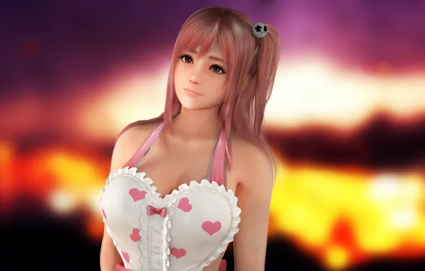 Girl, sexy, cleavage, blouse, pink hair, long hair, boobs, anime