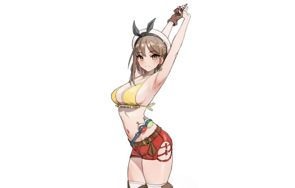 Girl, sexy, cleavage, shorts, thighhighs, brown hair, boobs, anime