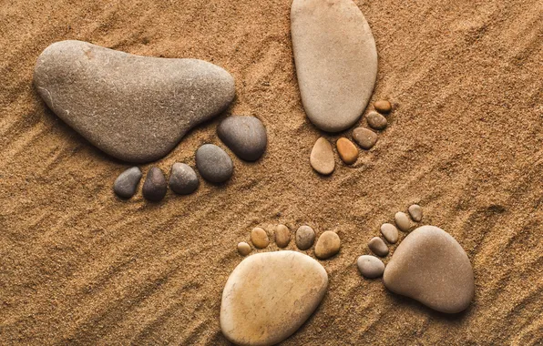 Sand, pebbles, stones, feet, legs, pebbles, feet