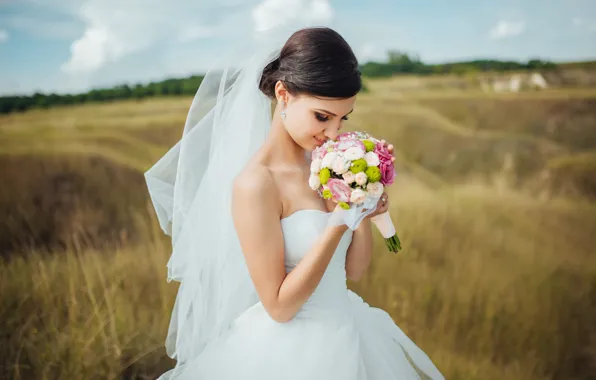 Field, the sky, grass, girl, flowers, nature, pose, smile