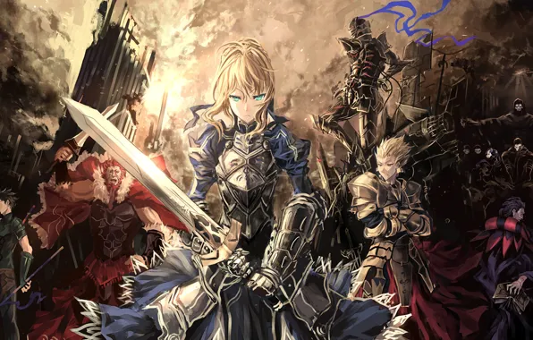 Picture the city, weapons, armor, saber, lancer, rider, assassin, servants