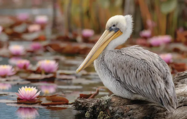 Flowers, nature, lake, pond, bird, shore, stone, water lilies