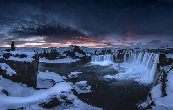 Winter, the sky, snow, sunset, mountains, night, clouds, rocks
