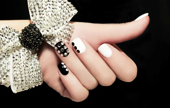 Hand, rhinestones, bow, nails, manicure