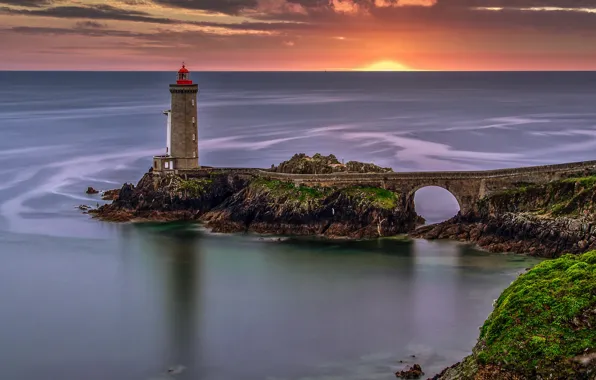 Sea, sunset, France, lighthouse, France, Brittany, Plusone, Lighthouse Petit Mine