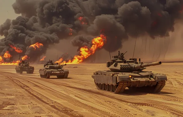 Sand, Smoke, Fire, Tanks, Digital art, Column, AI art, The Art of Artificial Intelligence