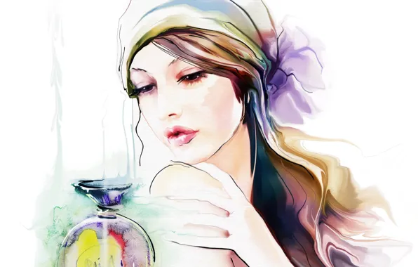 Picture look, girl, face, hair, hand, perfume, makeup, shawl