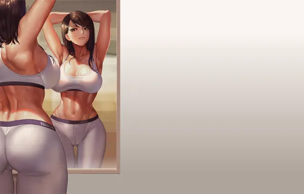 Girl, hot, sexy, Anime, pretty, muscles, posing, mirror