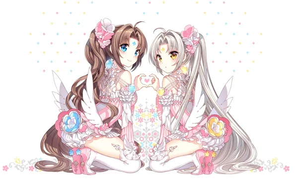 Shoes, pattern, stockings, blue eyes, wings, heart, long hair, on my knees