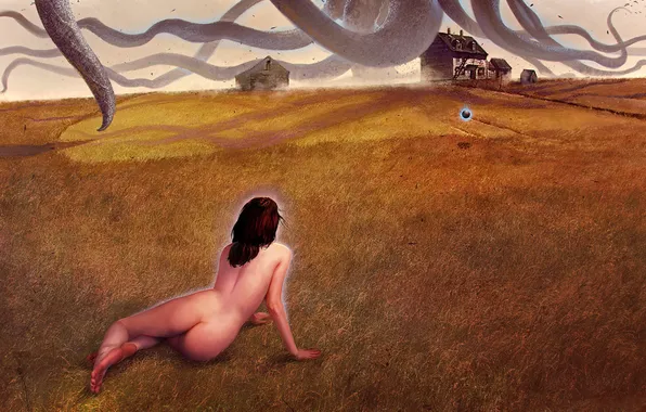 Field, girl, naked, God, sleep, octopus, tentacles, Cthulhu