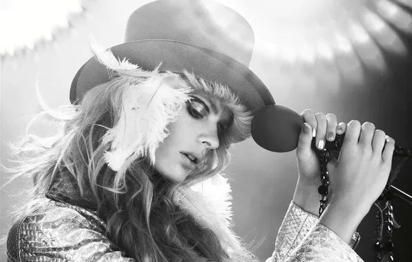 Picture girl, light, hat, feathers, microphone, Julia Stegner