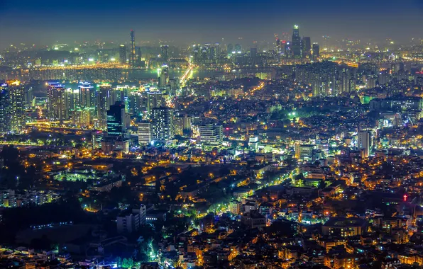 Night, lights, view, panorama, skyscrapers, Seoul, South Korea